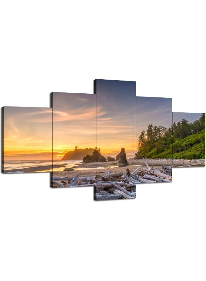 Home Trove Artbrush Tower Washington State Wall Art Olympic National Park Forest Wall Decor Picture Canvas Print Ruby Beach Landscape Poster Painting Framed Home Living Room Bedroom Ready To Hang(60''Wx32''H) - Image 1