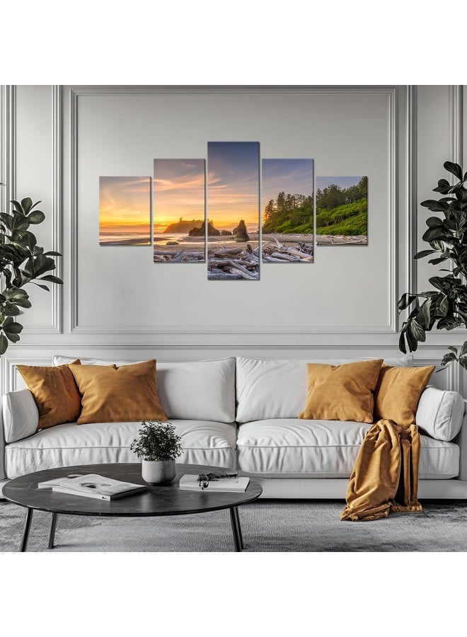 Home Trove Artbrush Tower Washington State Wall Art Olympic National Park Forest Wall Decor Picture Canvas Print Ruby Beach Landscape Poster Painting Framed Home Living Room Bedroom Ready To Hang(60''Wx32''H) - Image 2