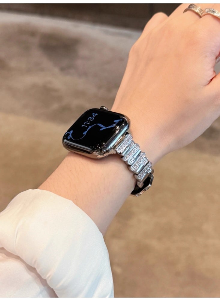 Irregular Diamond Studded Lychee Patterned Leather Watch Strap Black Belt, Silver Buckle Strap Only Suitable For 49mm（Ultra） - Image 4