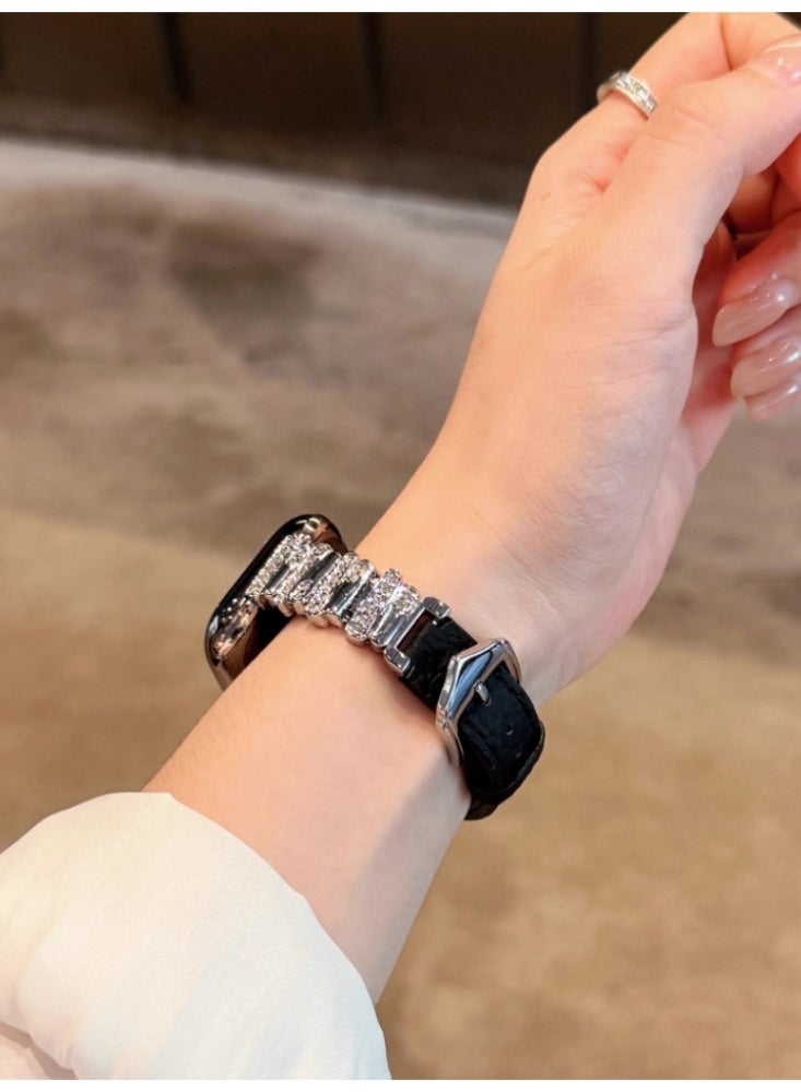 Irregular Diamond Studded Lychee Patterned Leather Watch Strap Black Belt, Silver Buckle Strap Only Suitable For 49mm（Ultra） - Image 5