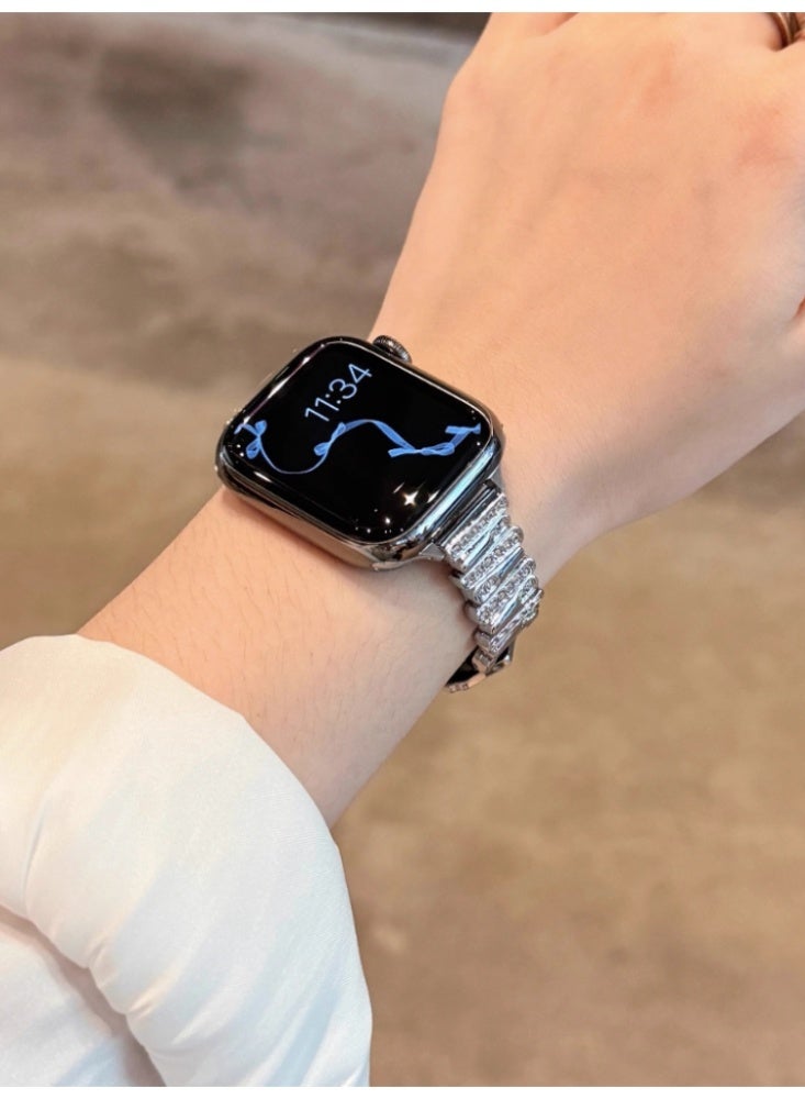 Irregular Diamond Studded Lychee Patterned Leather Watch Strap Black Belt, Silver Buckle Strap Only Suitable For 49mm（Ultra） - Image 3