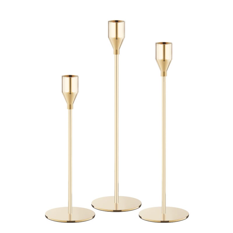 NLBTW Gold Taper Candle Holders Set of 3 Metal Candlestick Holders for Candle Sticks Holder Decor Ideal for Mantle Table Centerpiece Weddings Dining Housewarming Gift  Anniversaries