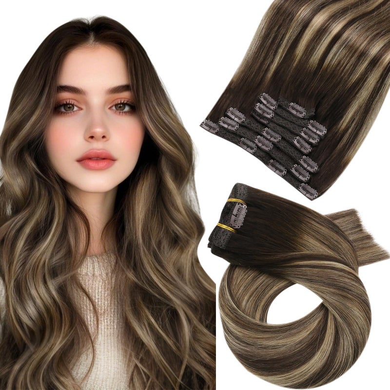 Moresoo Clip in Hair Extensions Balayage Brown Remy Human Hair Clip in Extensions Dark Brown Mixed with Caramel Blonde 7Pcs120G 20inch