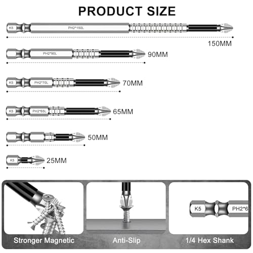 CoolShef High Magnetic Screwdriver Bit Set – 6Pcs PH2 Anti Slip Drill Bits with Storage Strip | Alloy Steel Drill Bits Set for Impact Driver, Durable Power Tool Accessories - Image 2