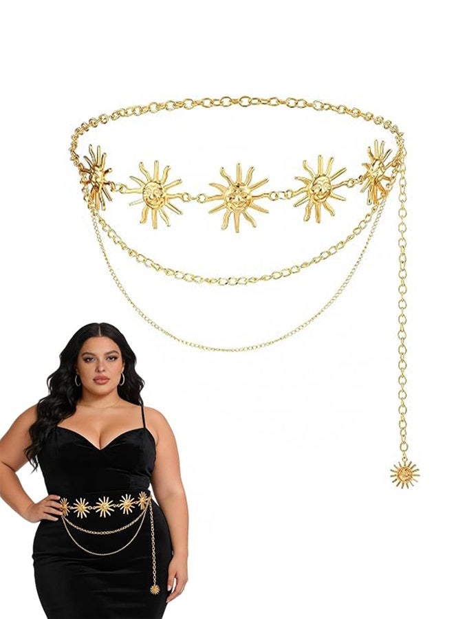 Ba Love Gold Multilayer Sun Pendant Metal Waist Chain Belt, Adjustable Layered Body Chain - Image 1