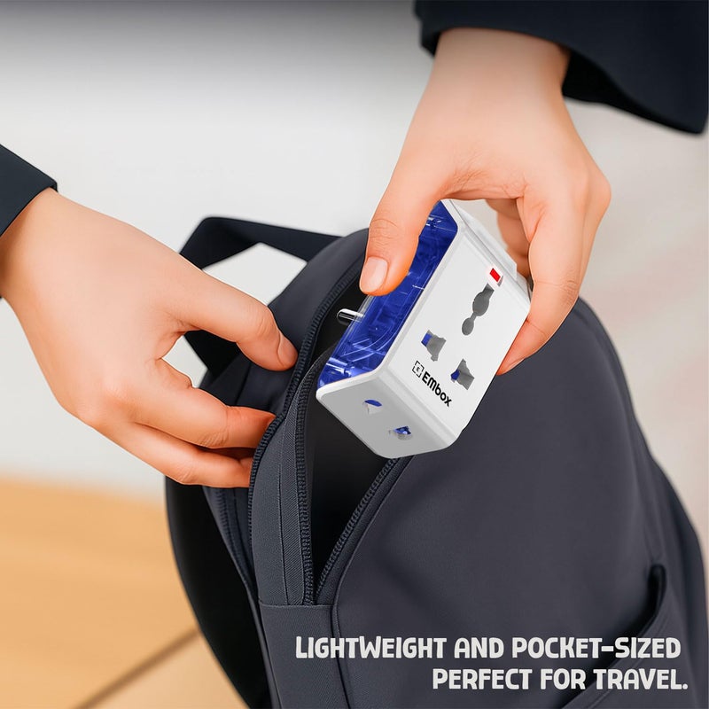 EMBOX مقبس متعدد 3 دبابيس - محول سفر عالمي مع مفتاح فردي وغطاء أمان ومؤشر LED - تمديد 3 طرق للمنزل والمكتب والسفر - 6A-250V (2 مقبس + 2 USB عبوة من 1 - أزرق) - Image 5
