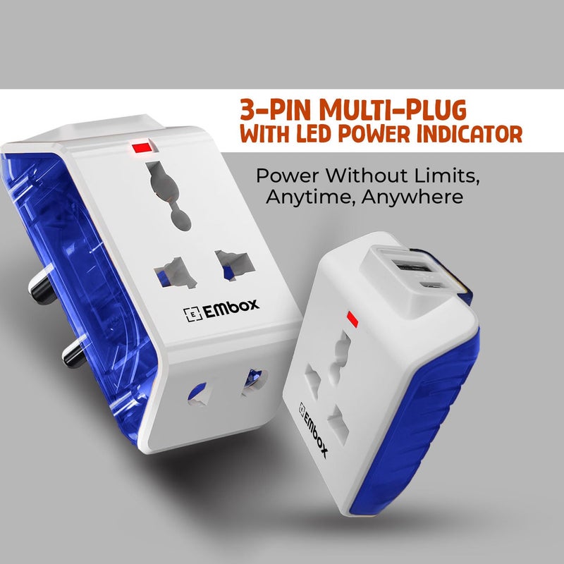 EMBOX مقبس متعدد 3 دبابيس - محول سفر عالمي مع مفتاح فردي وغطاء أمان ومؤشر LED - تمديد 3 طرق للمنزل والمكتب والسفر - 6A-250V (2 مقبس + 2 USB عبوة من 1 - أزرق) - Image 2