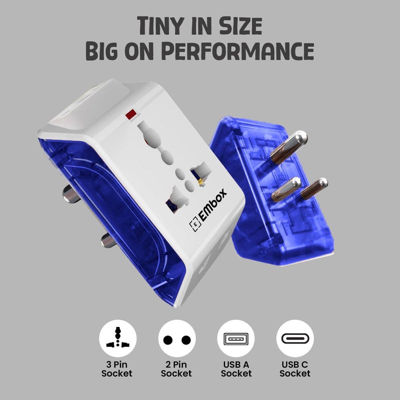 EMBOX مقبس متعدد 3 دبابيس - محول سفر عالمي مع مفتاح فردي وغطاء أمان ومؤشر LED - تمديد 3 طرق للمنزل والمكتب والسفر - 6A-250V (2 مقبس + 2 USB عبوة من 1 - أزرق) - Image 3