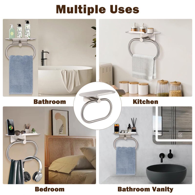 Siyzda Hand Towel Ring with Shelf, Stainless Steel Hand Towel Holder, Heavy Duty Bath Accessories, Wall Mounted Towel Hanger for Bathroom Kitchen (Brushed Nickel) - Image 4