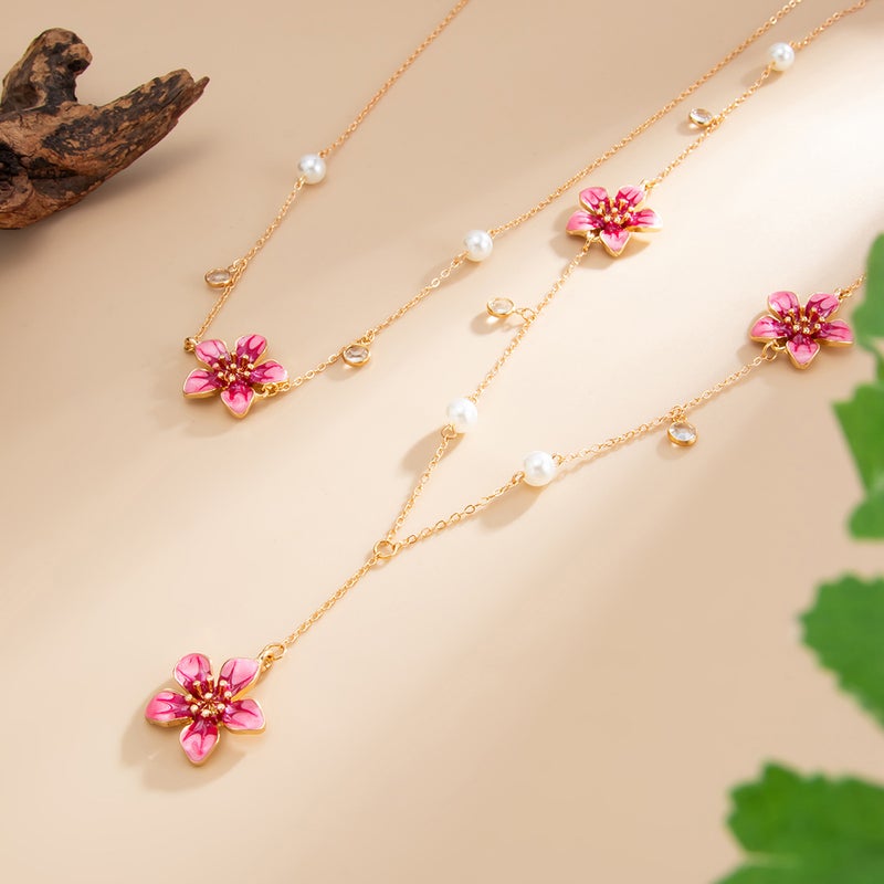 SHIXIN European and American Cross-Border Jewelry: Sweet Cool Style Colorful Drip Oil Flower Pendant Necklace with Double Layer Chain and Pearl for Vacation - Image 4
