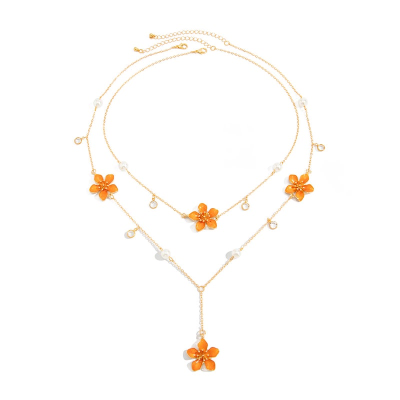 SHIXIN European and American Cross-Border Jewelry: Sweet Cool Style Colorful Drip Oil Flower Pendant Necklace with Double Layer Chain and Pearl for Vacation - Image 5