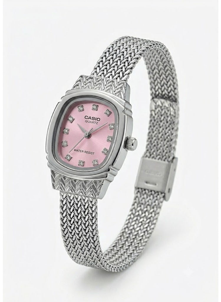 Casio Vintage Women's Analog Watch with Pink Dial and Silver Milanese Mesh Strap