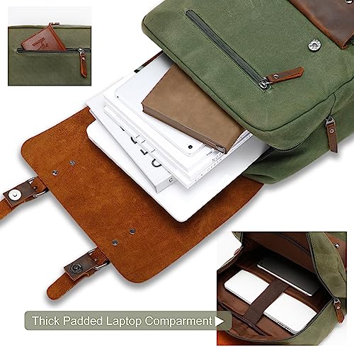 Modoker Waxed Canvas Backpack, Leather Rucksack Knapsack for Men Woman Vintage Travel Laptop Backpack 15.6 Inch Satchel Backpack, Retro Flap Backpacks Canvas Casual Daypack, Green - Image 4