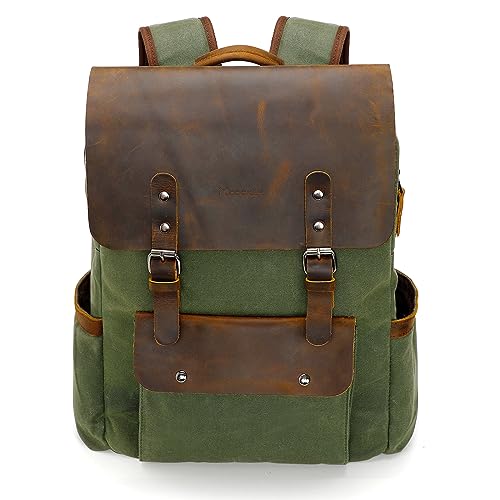 Modoker Waxed Canvas Backpack, Leather Rucksack Knapsack for Men Woman Vintage Travel Laptop Backpack 15.6 Inch Satchel Backpack, Retro Flap Backpacks Canvas Casual Daypack, Green - Image 1