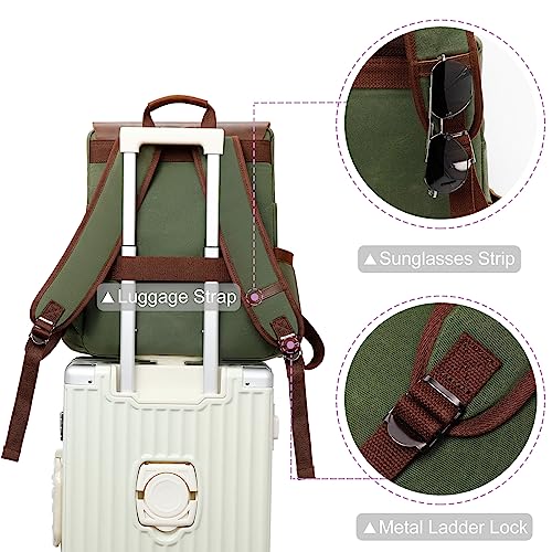 Modoker Waxed Canvas Backpack, Leather Rucksack Knapsack for Men Woman Vintage Travel Laptop Backpack 15.6 Inch Satchel Backpack, Retro Flap Backpacks Canvas Casual Daypack, Green - Image 5