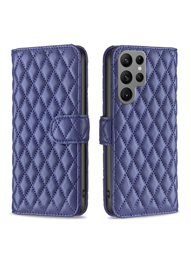 جراب هاتف من الجلد بتصميم محفظة شبكية ماسية لهاتف Samsung Galaxy S25 Ultra 5G (أزرق)
