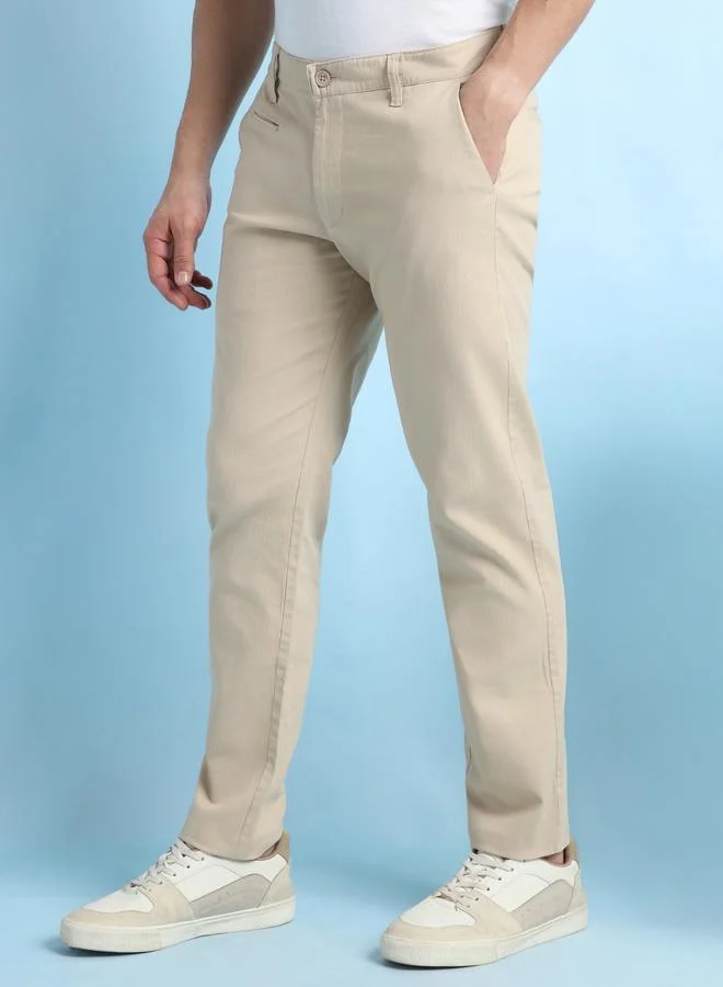Dennis Lingo Men's Beige 100% Cotton Solid Pattern Chinos Straight Fit Trouser