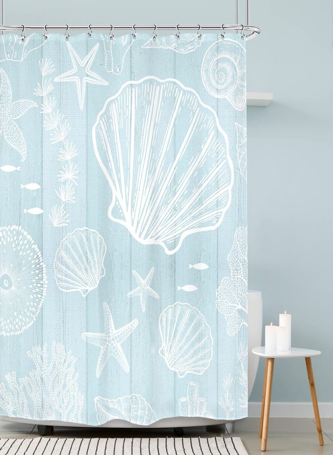AMBZEK Seashell Nautical Coastal Shower Curtain 60Wx72L Inch Beach Ocean Coral Starfish Themed Wooden Rustic Sea Vintage Farmhouse Fabric Waterproof Polyester Bathroom Decor Set with 12 Pack Hooks - Image 1