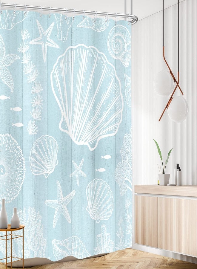 AMBZEK Seashell Nautical Coastal Shower Curtain 60Wx72L Inch Beach Ocean Coral Starfish Themed Wooden Rustic Sea Vintage Farmhouse Fabric Waterproof Polyester Bathroom Decor Set with 12 Pack Hooks - Image 2