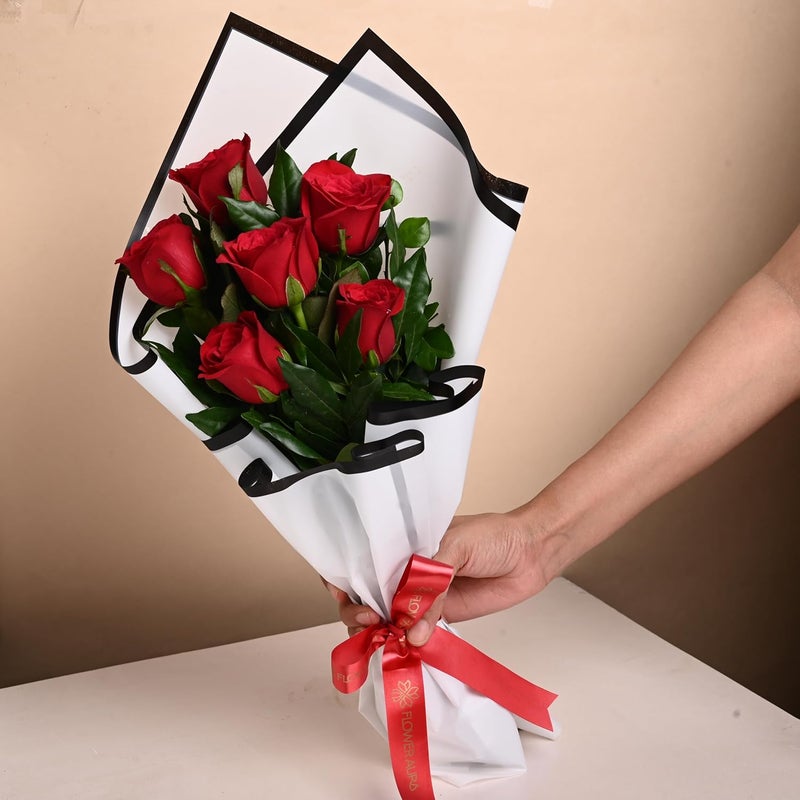 Floweraura FlowerAura Fresh Live Flower Bouquet of 6 Red Roses In Premium Packing For Birthday Gift Anniversary Gift Wedding Gift Congratulations Gift Gift For Special Occasions Same Day Delivery  - Image 1