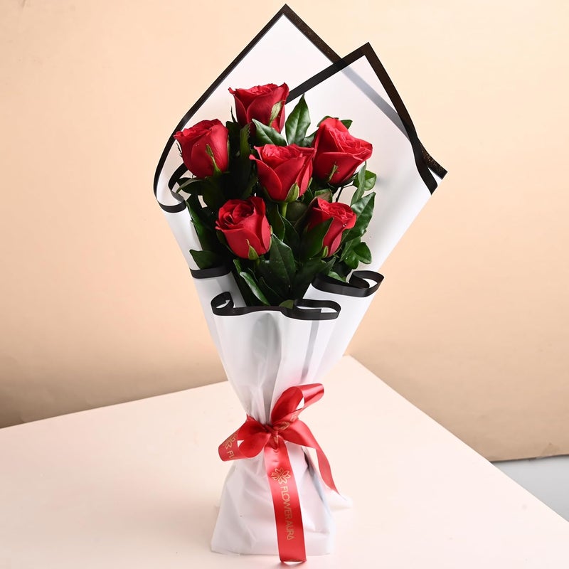 Floweraura FlowerAura Fresh Live Flower Bouquet of 6 Red Roses In Premium Packing For Birthday Gift Anniversary Gift Wedding Gift Congratulations Gift Gift For Special Occasions Same Day Delivery  - Image 2