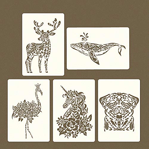 OBUY Lion Deer Tiger Wolf Whale Horse Animal Stencils for Painting on Wood Fabric Walls Airbrush More Reusable Mylar Template 82114Pack of 5 Deer Whale