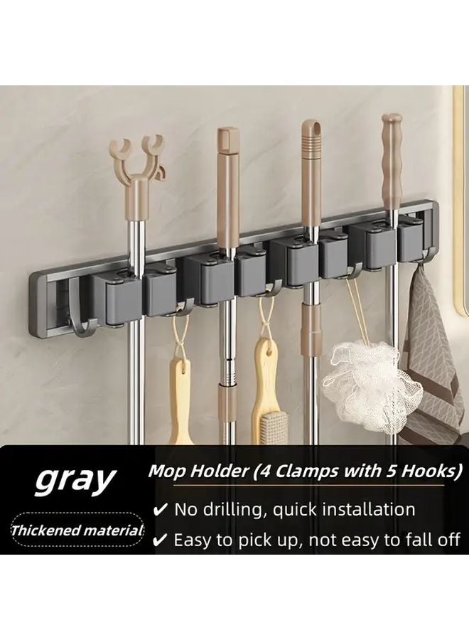 Grey Wall Mounted Mop Holder No Drill Installation Heavy Duty Aluminum Storage Rack - Image 1