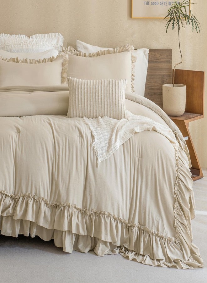 QSH Wheat Comforter King Size for Bed, Shabby Ruffle Chic Bedding Comforter Set, 3 Pices Farmhouse Vintage Bedding Sets, All Season Ultra Soft Lightweight Microfiber Fluffy Comforter - Image 1