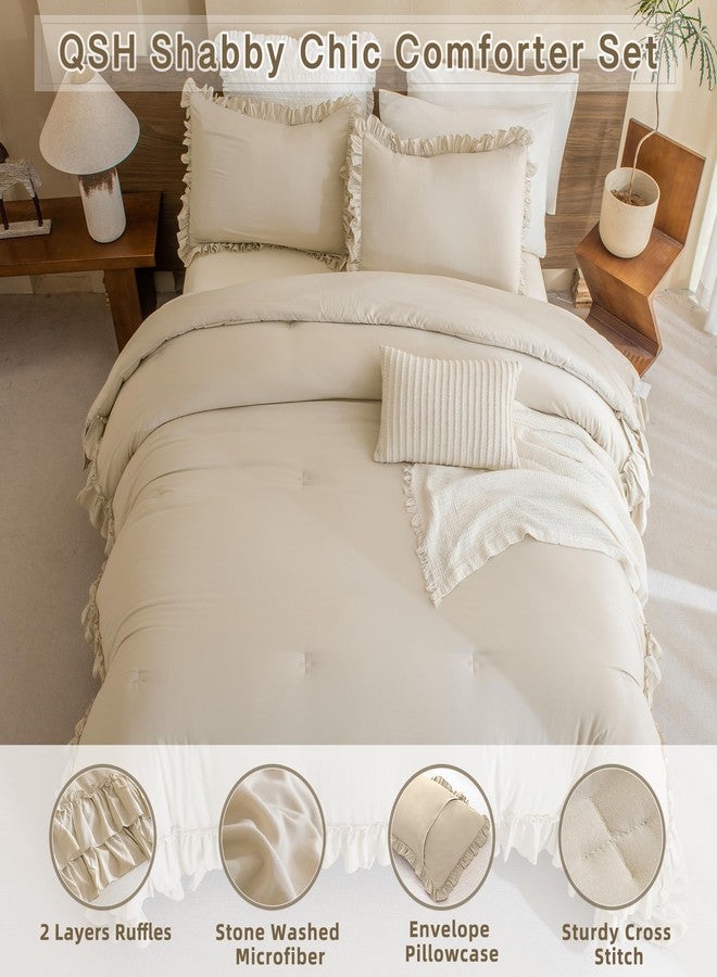 QSH Wheat Comforter King Size for Bed, Shabby Ruffle Chic Bedding Comforter Set, 3 Pices Farmhouse Vintage Bedding Sets, All Season Ultra Soft Lightweight Microfiber Fluffy Comforter - Image 2