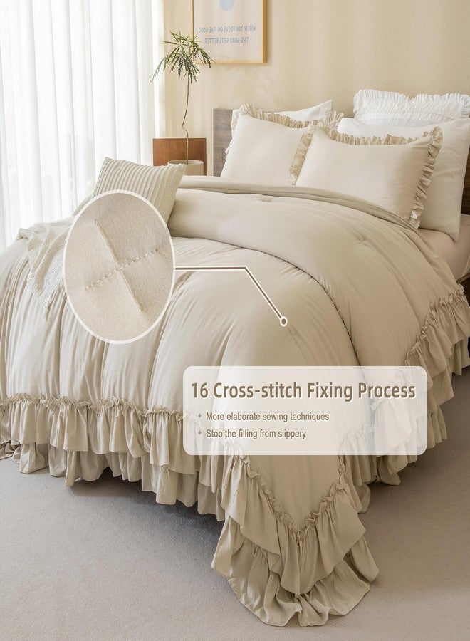 QSH Wheat Comforter King Size for Bed, Shabby Ruffle Chic Bedding Comforter Set, 3 Pices Farmhouse Vintage Bedding Sets, All Season Ultra Soft Lightweight Microfiber Fluffy Comforter - Image 5