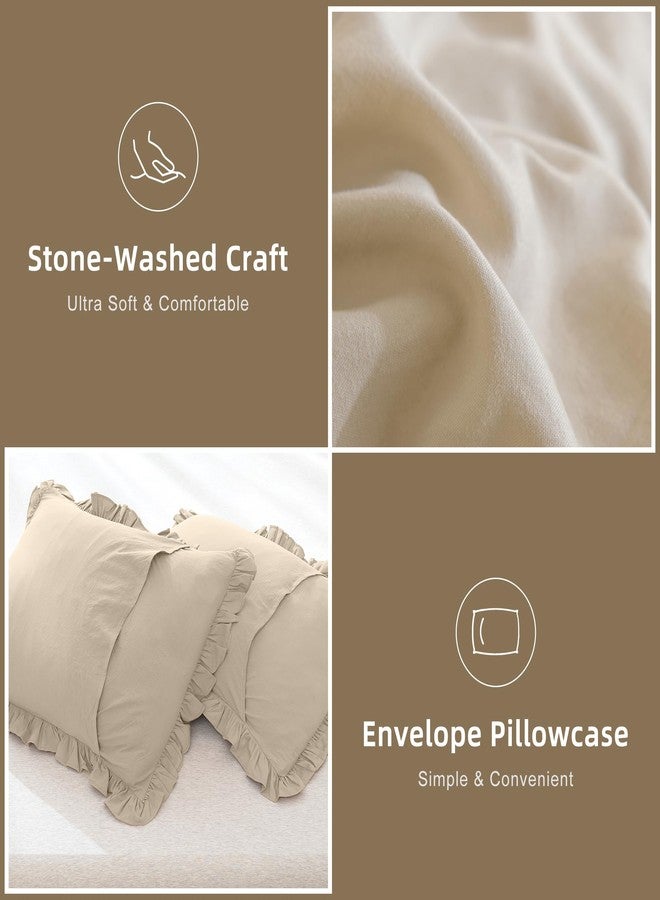 QSH Wheat Comforter King Size for Bed, Shabby Ruffle Chic Bedding Comforter Set, 3 Pices Farmhouse Vintage Bedding Sets, All Season Ultra Soft Lightweight Microfiber Fluffy Comforter - Image 4