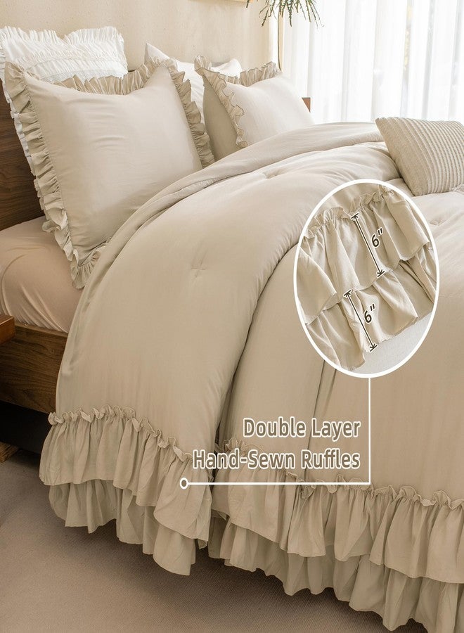 QSH Wheat Comforter King Size for Bed, Shabby Ruffle Chic Bedding Comforter Set, 3 Pices Farmhouse Vintage Bedding Sets, All Season Ultra Soft Lightweight Microfiber Fluffy Comforter - Image 3