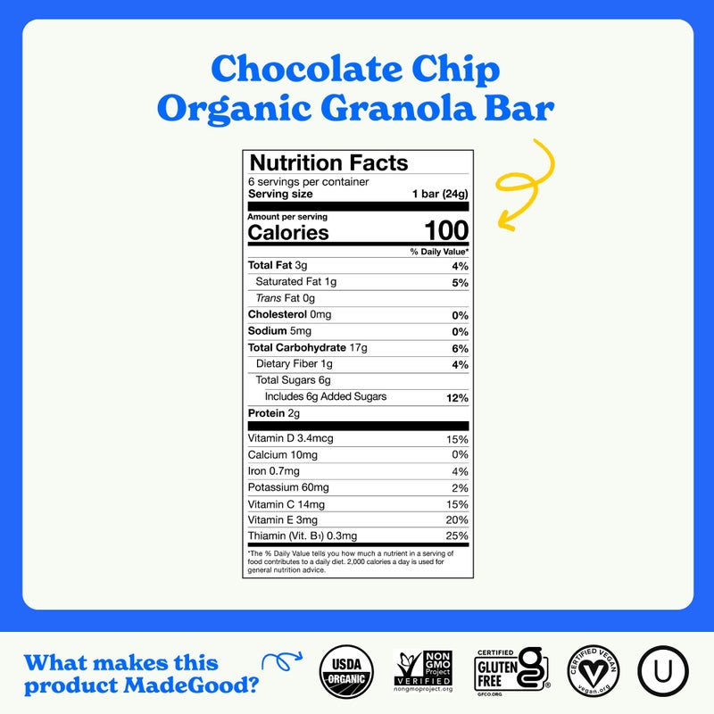 MADE GOOD MadeGood Chocolate Chip Granola Bars, 6 Healthy Snack Bars, 0.85 oz Each - Image 3