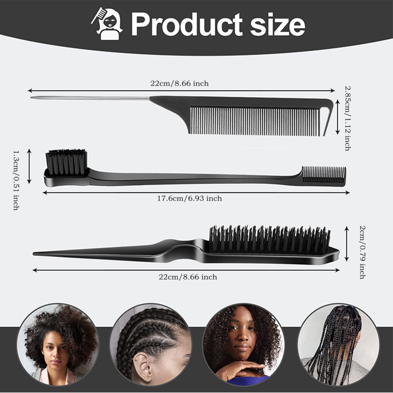SWEET VIEW 3 Pcs Slick Back Grooming Set - Edge Brush, Bristle Brush, Rat Tail Comb & Teasing Brush for Smoothing Hair & Flyaways - Black - Image 2