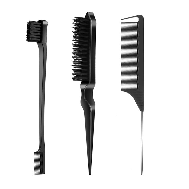 SWEET VIEW 3 Pcs Slick Back Grooming Set - Edge Brush, Bristle Brush, Rat Tail Comb & Teasing Brush for Smoothing Hair & Flyaways - Black - Image 1