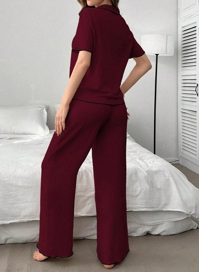 Take Two Burgundy Cherry Embroidery Shirt and Pyjama Set