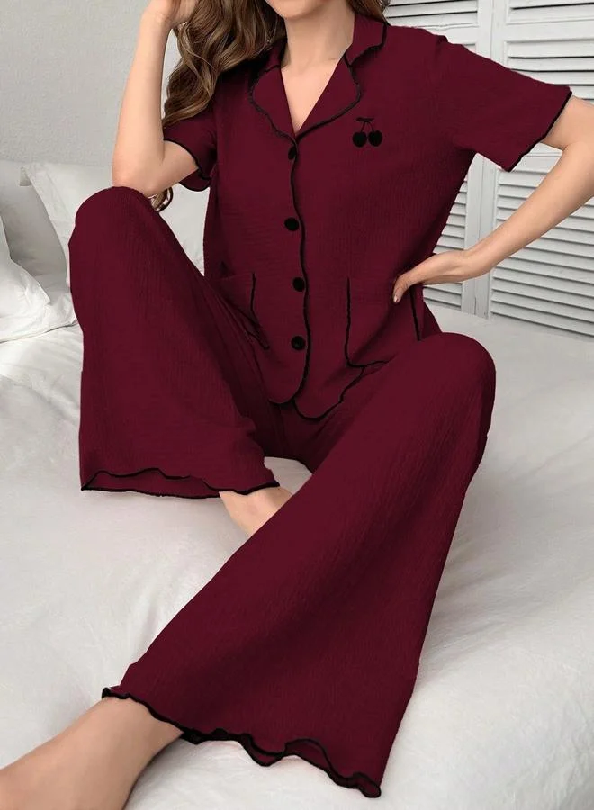 Take Two Burgundy Cherry Embroidery Shirt and Pyjama Set