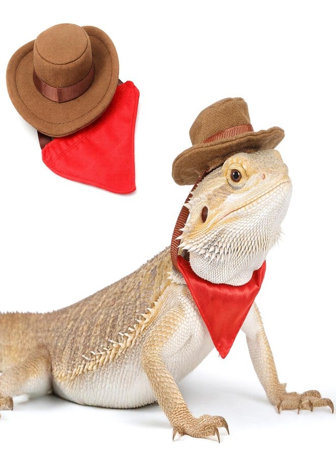 Yolev 2Pcs Bearded Dragon Hat and Bandana Set Adjustable Lizard Cowboy Hat and Red Bandana Scarf Bearded Dragon Outfits Halloween Costume Photo Props for Small Animal Reptile Lizard Gecko Outfits (Brown) - Image 1