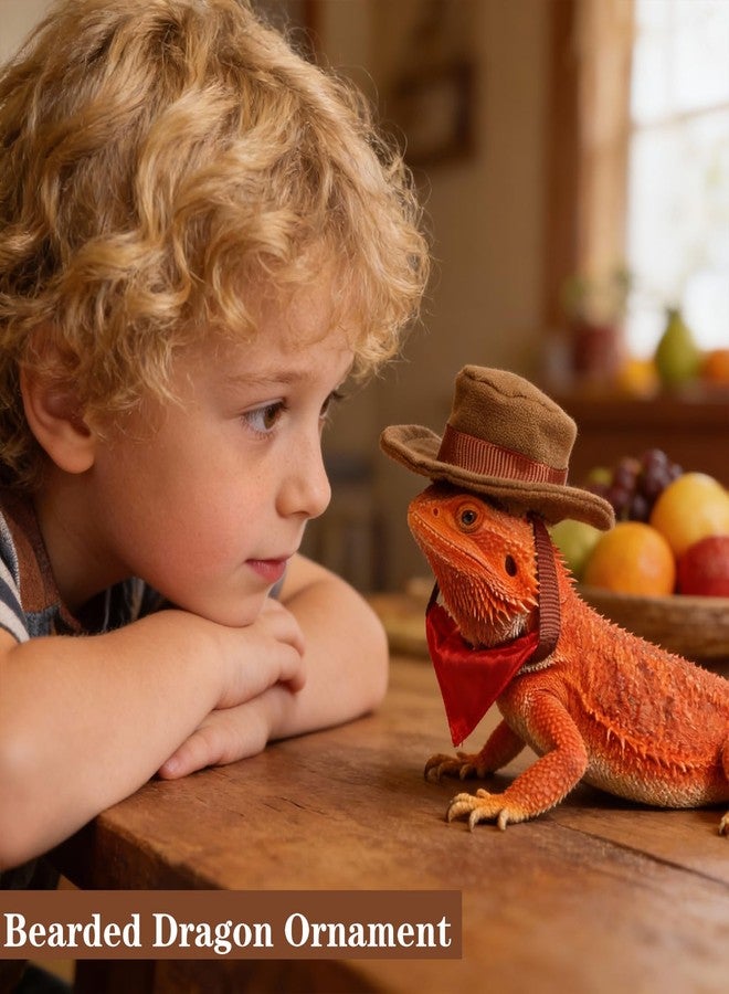 Yolev 2Pcs Bearded Dragon Hat and Bandana Set Adjustable Lizard Cowboy Hat and Red Bandana Scarf Bearded Dragon Outfits Halloween Costume Photo Props for Small Animal Reptile Lizard Gecko Outfits (Brown) - Image 5