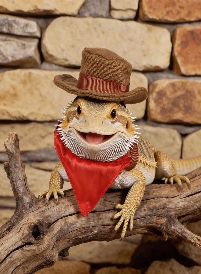 Yolev 2Pcs Bearded Dragon Hat and Bandana Set Adjustable Lizard Cowboy Hat and Red Bandana Scarf Bearded Dragon Outfits Halloween Costume Photo Props for Small Animal Reptile Lizard Gecko Outfits (Brown) - Image 2