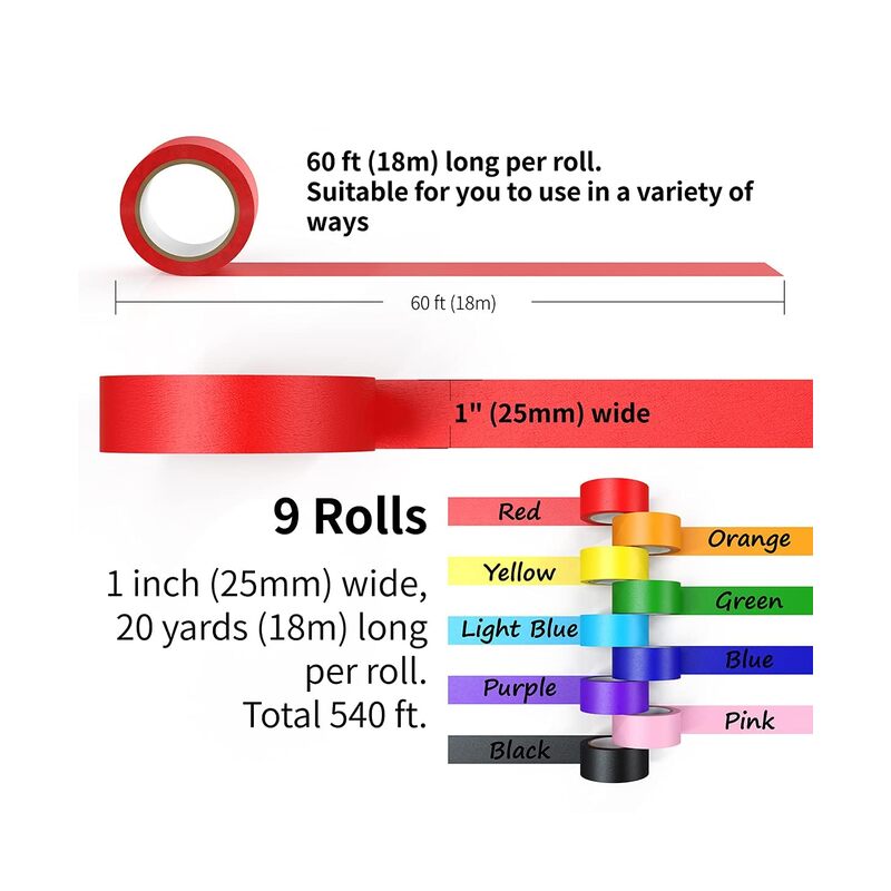 Colored Masking Tape, Color Painters Tape, 9 Rolls 1 inch Wide x 14 Yards Each, Colorful Paper Tapes Colors for Labeling Packing, Painter Tape Variety Pack, Craft Tape - Image 2