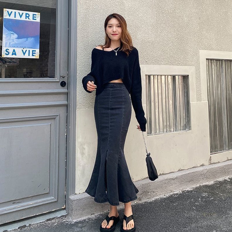 Small Denim Skirt Spice Girl High Waist Slim Fishtail Skirt Pear-Shaped Mid-Length A- Line Hip Skirt For Summer - Image 1