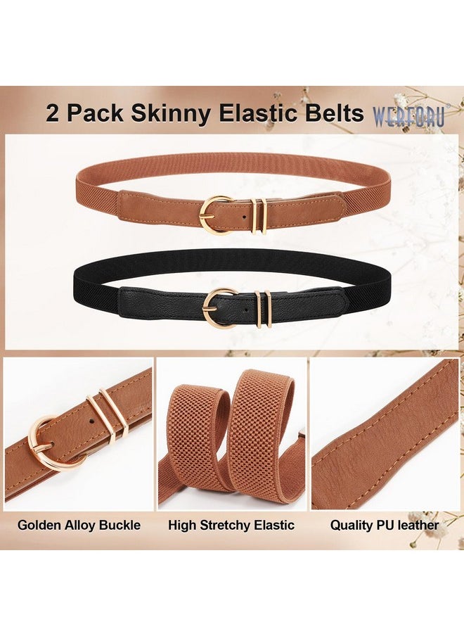 Werforu - 2 Pack Women Elastic Waist Belt Gold Buckle Beltblack+Brownfit Waist Size 27"30" - Image 1