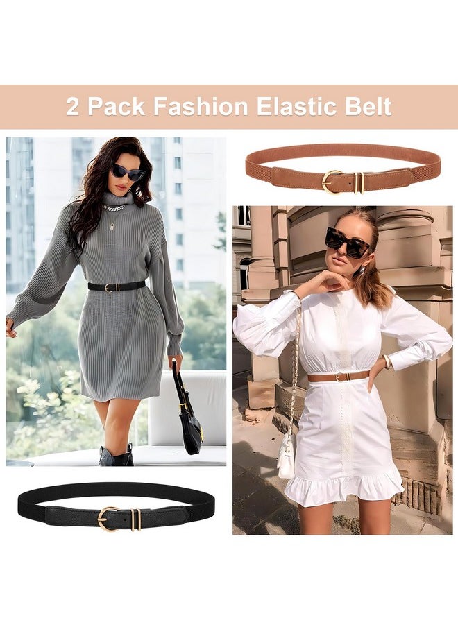 Werforu - 2 Pack Women Elastic Waist Belt Gold Buckle Beltblack+Brownfit Waist Size 27"30" - Image 1
