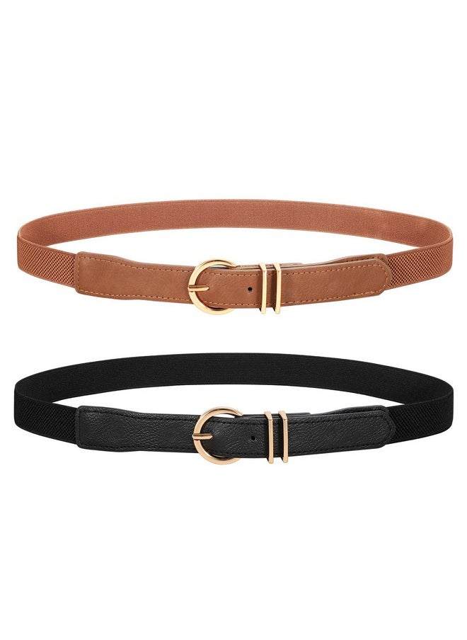 Werforu - 2 Pack Women Elastic Waist Belt Gold Buckle Beltblack+Brownfit Waist Size 27"30" - Image 1