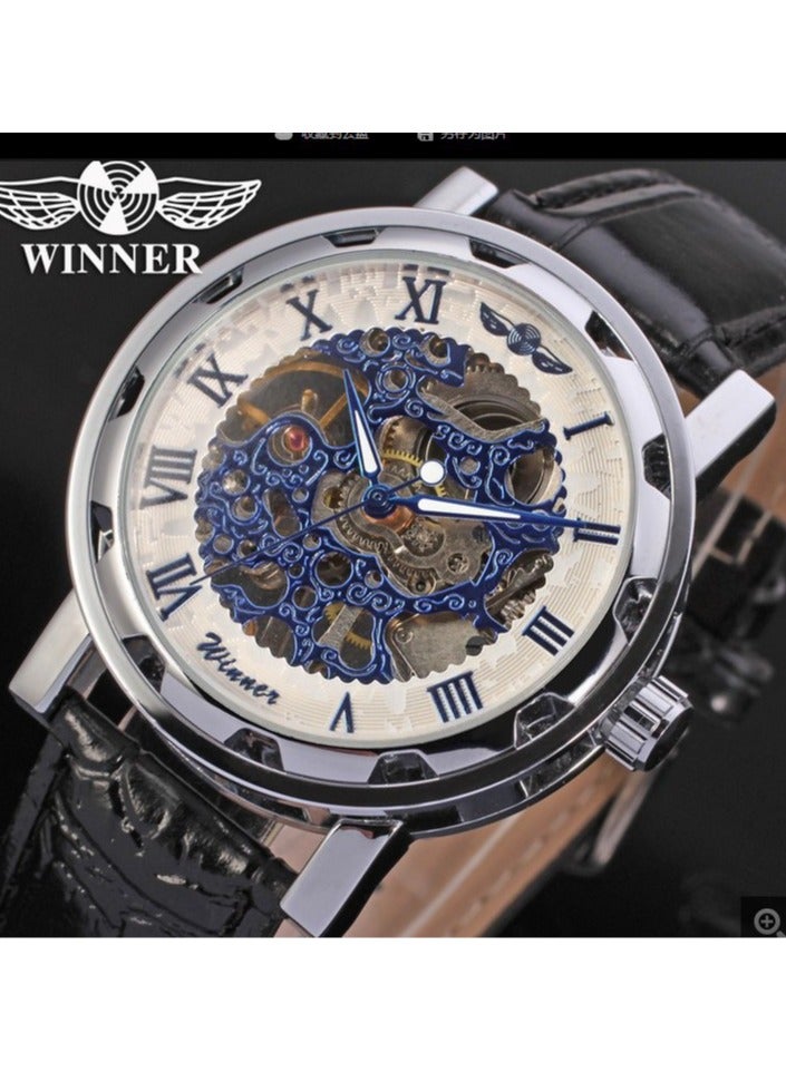 Winner ساعة رجالية، ساعة ميكانيكية هيكلية تعمل باليد بتصميم ستيمبانك للرجال والنساء، أرقام رومانية، حزام جلد PU، علبة فضية وردية ذهبية، ساعة معصم للجنسين
