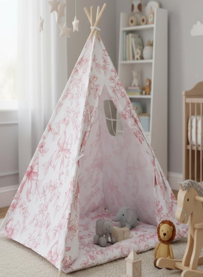 Silipull Pink Bow Teepee Tent & Kids Princess Playhouse Foldable Coquette Play Tent Portable & Foldable Toddler Bed, Children Play Indoor Outdoor Dome Teepee Playhouse - Image 1