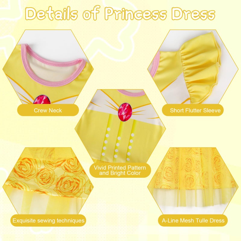 HenzWorld Dress up Clothes for Girls 4-6 Halloween Costumes for Girls Princess Dress up Fancy Party Cosplay Outfits Birthday Gifts Yellow Flutter Sleeve Tulle Dress Size 5-6X Princess Belle Dress - Image 4