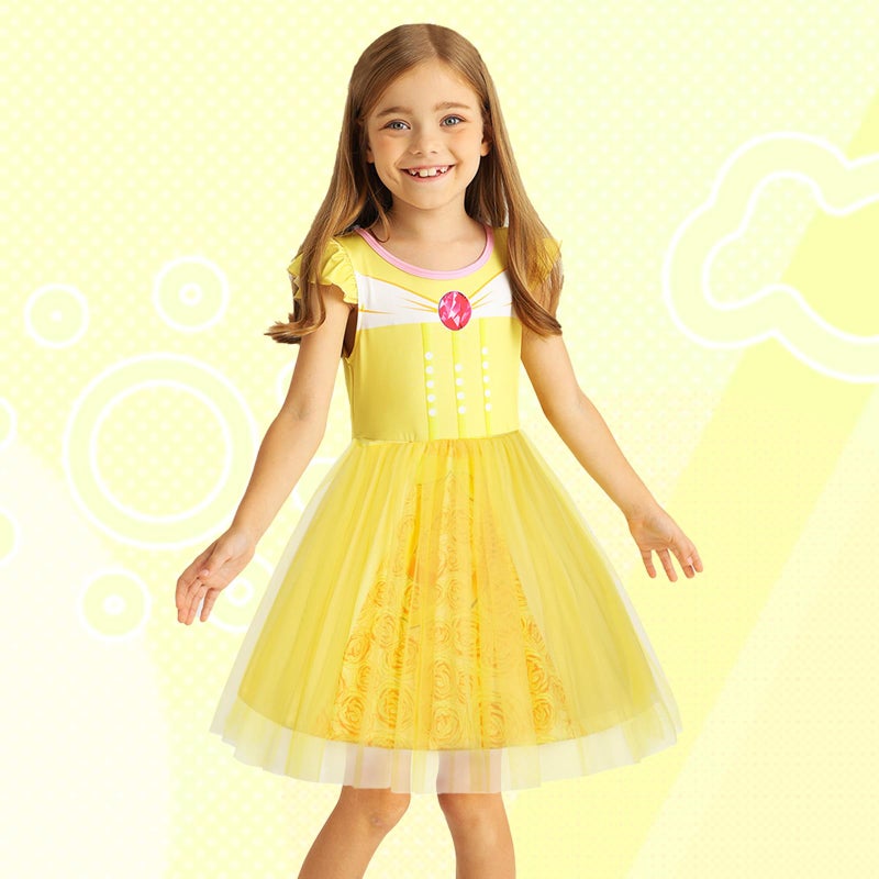 HenzWorld Dress up Clothes for Girls 4-6 Halloween Costumes for Girls Princess Dress up Fancy Party Cosplay Outfits Birthday Gifts Yellow Flutter Sleeve Tulle Dress Size 5-6X Princess Belle Dress - Image 2