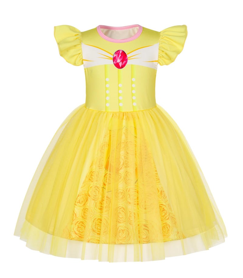 HenzWorld Dress up Clothes for Girls 4-6 Halloween Costumes for Girls Princess Dress up Fancy Party Cosplay Outfits Birthday Gifts Yellow Flutter Sleeve Tulle Dress Size 5-6X Princess Belle Dress - Image 1